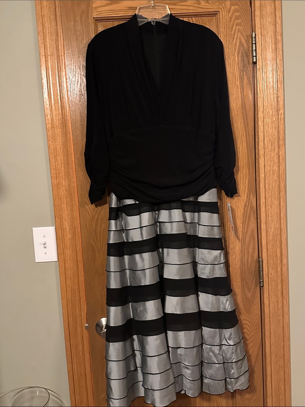 S.L. Fashions Black Bodice with Silver Striped Maxi Skirt